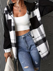 Plaid Print Hooded Jacket, Casual Button Front Long Sleeve Outerwear, Women's Clothing