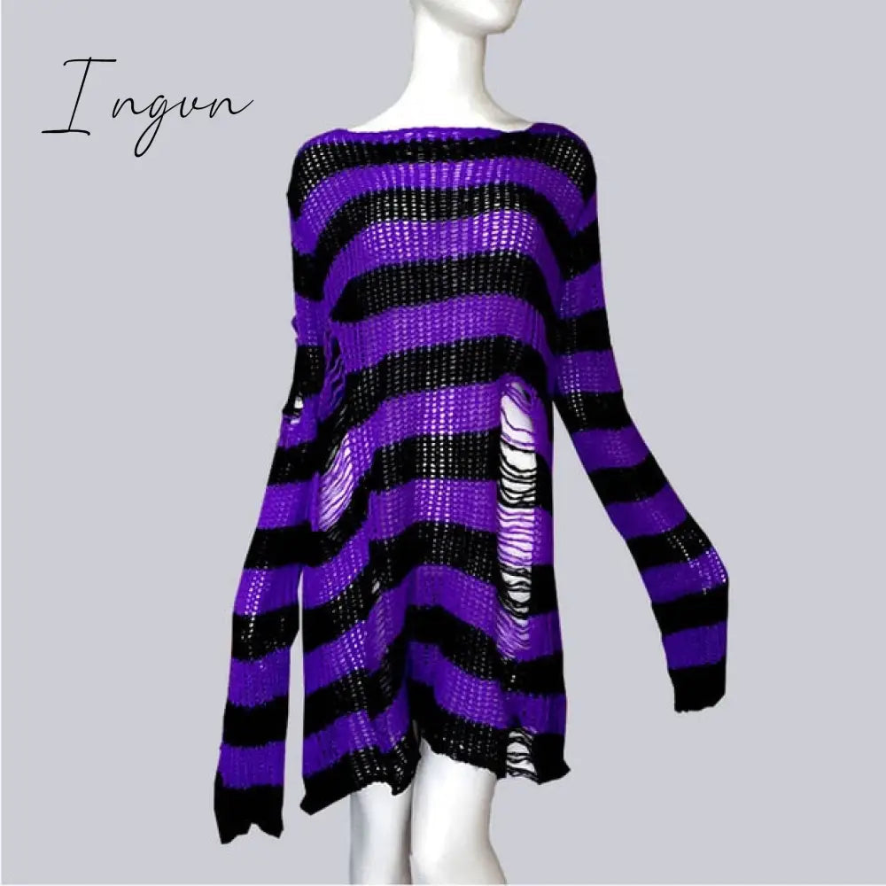 Ingvn - Plus Size Punk Gothic Long Unisex Sweater Dress Cool Hollow Out Hole Broken Jumper Loose Rock Thin Sweter Women Man Striped