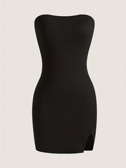 Chic Solid Split Hem Tube Dress - Flattering Strapless & Sleeveless Style - Perfect for Spring & Summer - Fashionable Womens Wardrobe Staple