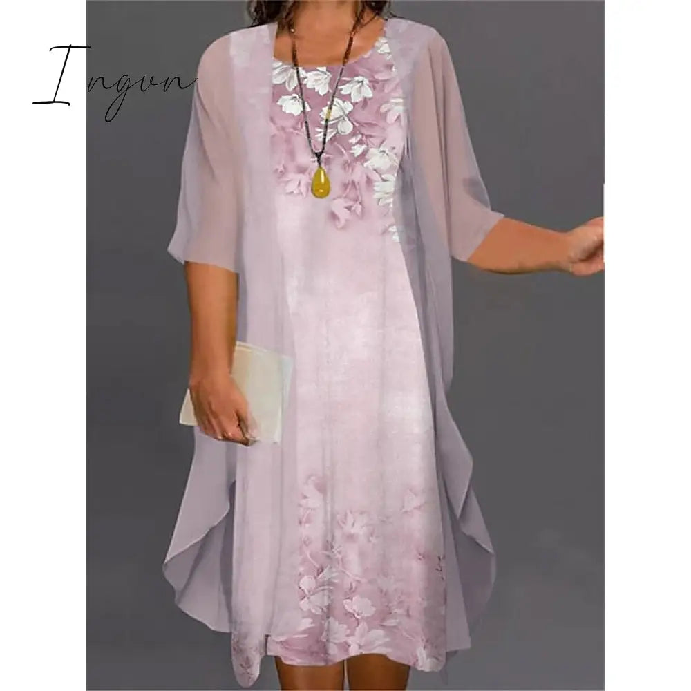 Ingvn - Women's Plus Size Curve Two Piece Dress Floral Round Neck Print 3 4 Length Sleeve Spring Summer Casual Knee Length Dress Casual Daily Dress