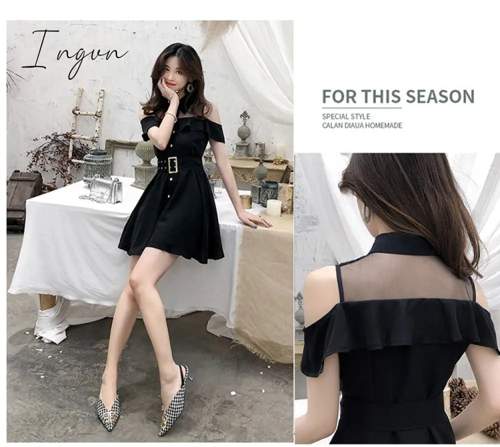Ingvn - Korean OL New Single Breasted Women Summer Dress Sweet Chic Black office work Short mini Dresses With Belt Vestidos jurken
