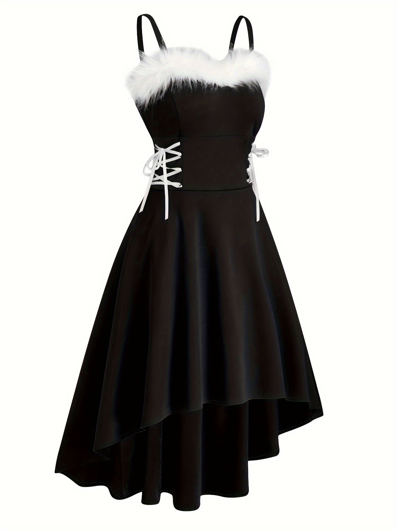 Vintage-Inspired Faux Fur Aline Swing Tank Dress - Contrast Trim, Asymmetrical Hem, Cross Tie Detail, Christmas Party Dress - Women's Clothing, Holiday Season Fashion