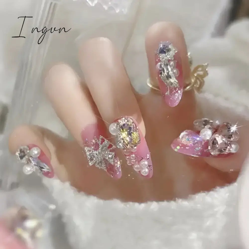 24PCS/Set Long Oval False Nails 3D Heart Sparkling French Press On Nails Pink Full Cover Fake Nail Crystal Gem Design Nails Tips