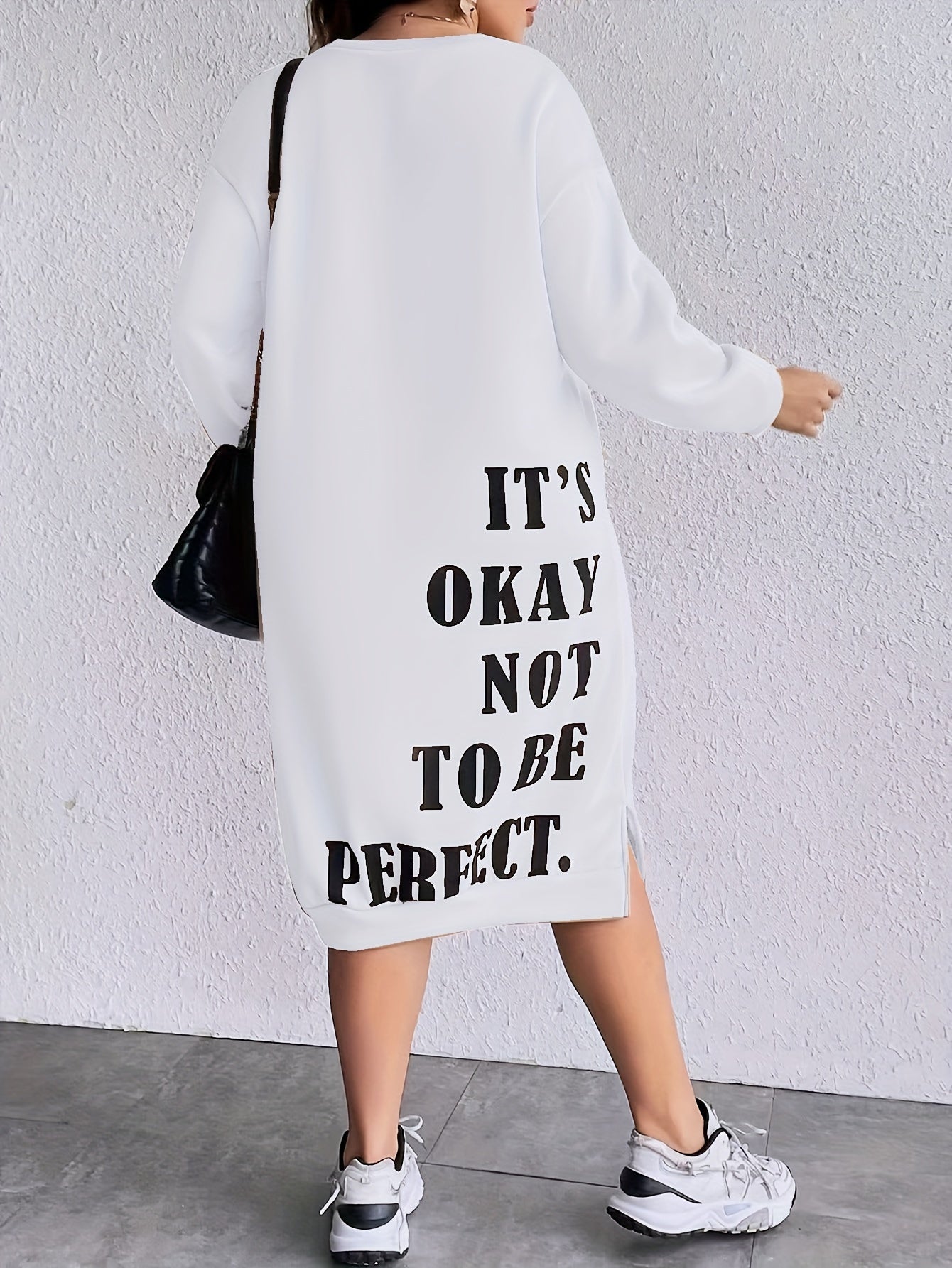 Midi Plus Size Casual Slogan Print Long Sleeve Round Neck Trapeze Sweatshirt Dress - Soft Medium Stretch Polyester Fabric, Loose Fit, Pullover Style, Machine Washable - Weekend Casual Wear for Fall Season