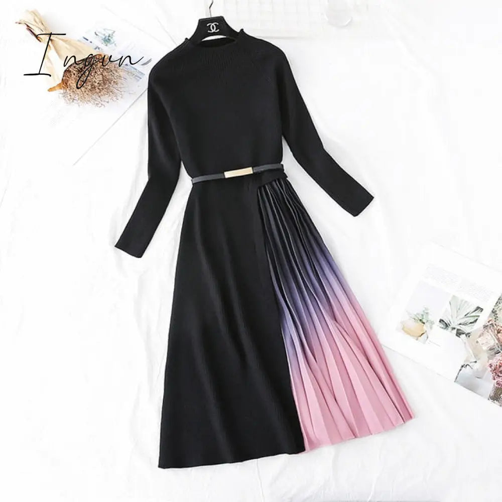 Ingvn - Autumn Winter Elegant Knitted Patchwork Gradient Pink Pleated Dress Women Long Sleeve Office One-Piece Sweater Dress With Belt