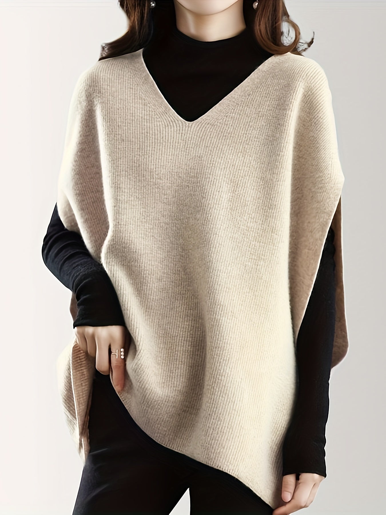 Women's V-Neck Knitted Cardigan, Casual Loose Fit Batwing Sleeves, Solid Color, Polyester, Spring/Autumn Fashion, Sleeveless Pullover Top for Ladies