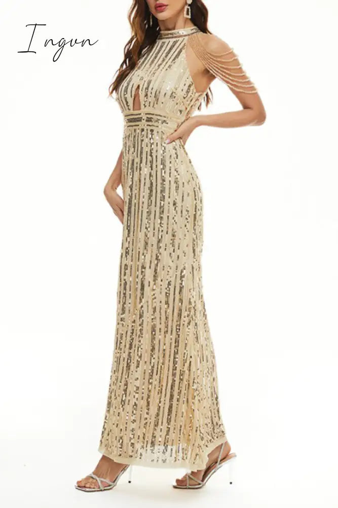 Ingvn - Celebrities Elegant Solid Sequins Patchwork O Neck Evening Dress Dresses