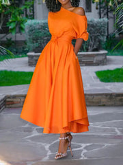Ingvn - Women Dress Bare Shoulder Waist Belt Long A Line Pleated Orange Casual Fashion Female Ladies Elegant New Autumn Summer Robes