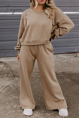 Ingvn - Casual Solid Frenulum V Neck Long Sleeve Two Pieces