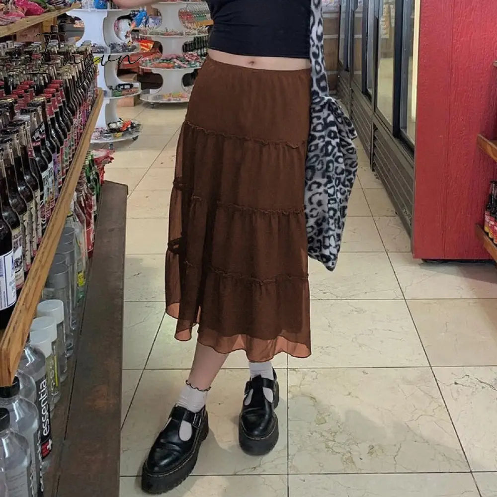 Ingvn - Autumn Fairy Grunge Long Tulle Skirts Women Kawaii Plaid Black Skirt Harajuku Low waisted Skirt Korean Fashion