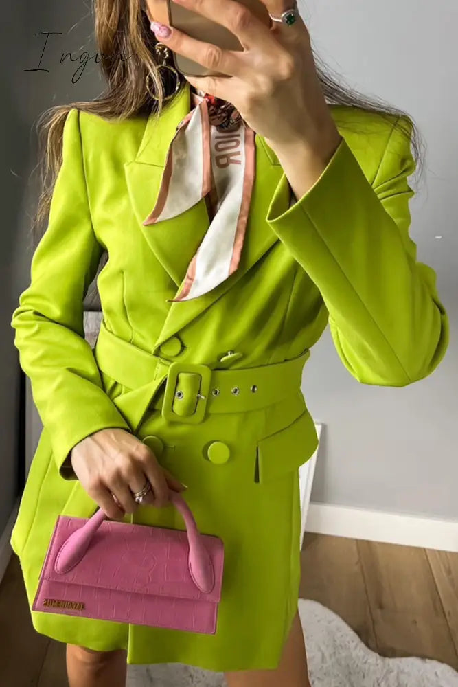 Ingvn - Casual Solid With Belt Turn-back Collar Outerwear