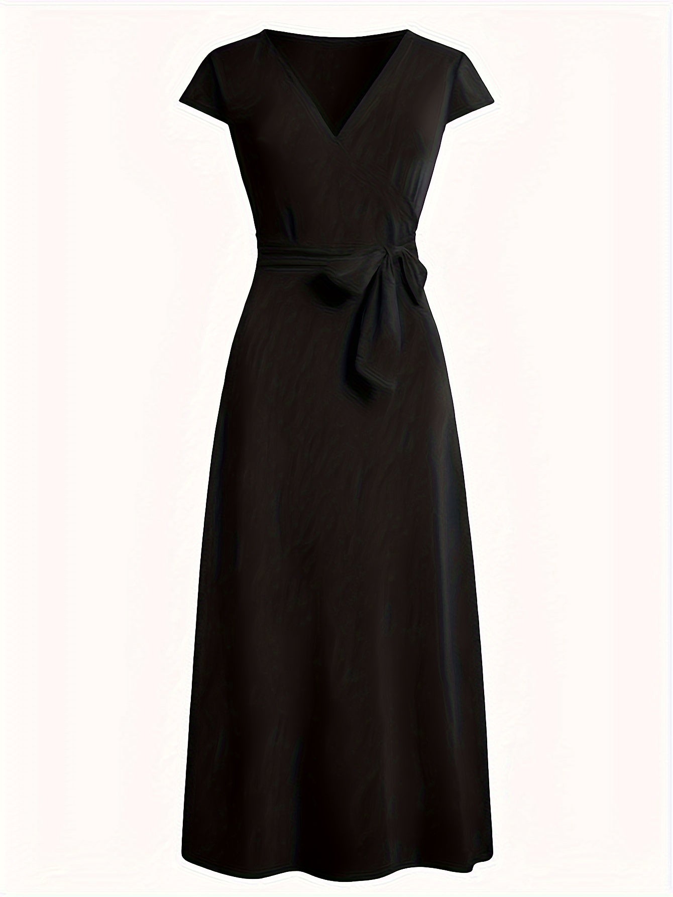 V Neck Tie Waist Dress, Casual Solid Color Cap Sleeve Dress For Summer, Women's Clothing