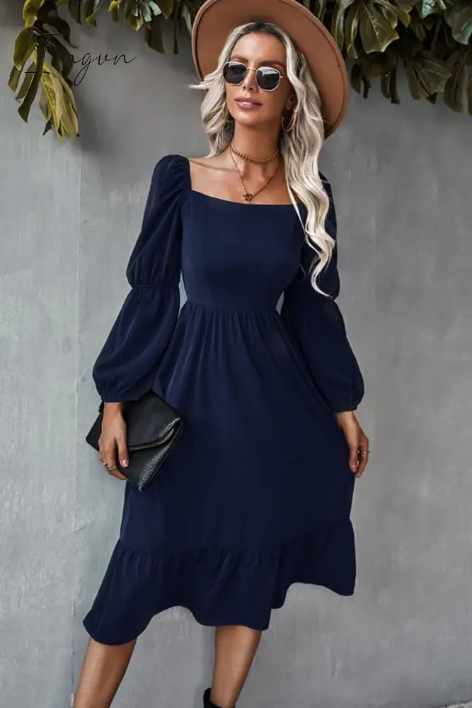 Ingvn - Square Neck Ruffle Hem Long Bubble Sleeve Midi Dress