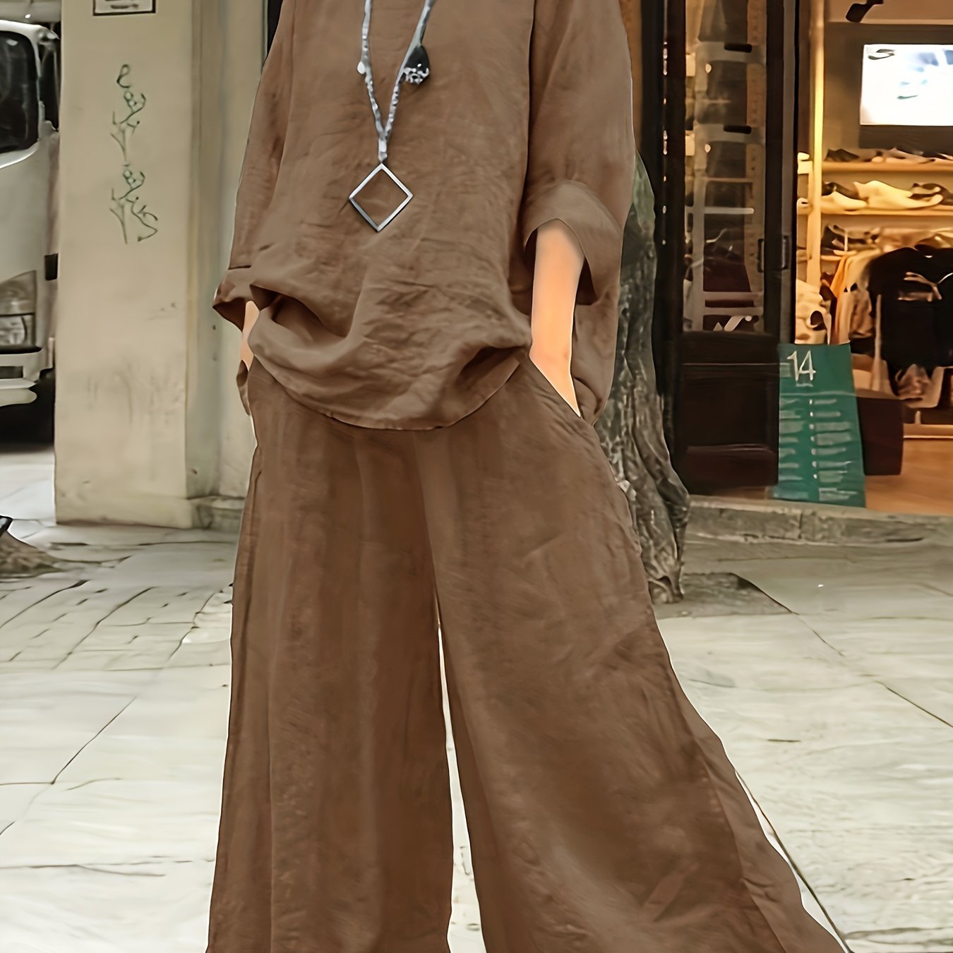 Plus Size Casual Outfits Set, Women's Plus Solid Round Neck Long Sleeve Top & Wide Leg Pants With Pockets Outfits Two Piece Set
