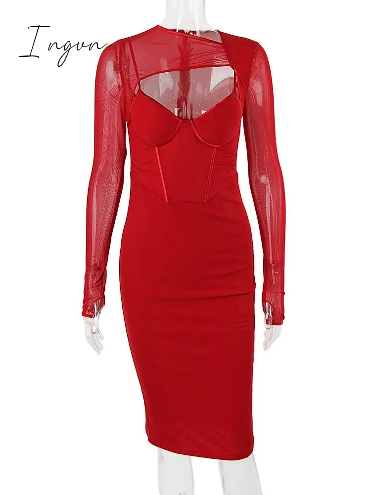 Ingvn - Spring Autumn Dresses for Women Winter Long Sleeve Padded Corset Hollow Out Lined Wedding Guest Dress Holiday Party Outfit Women Bodycon Elegant Dress