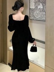 Autumn French Vintage Velvet Dress for Women Elegant Square Collar Single Breasted Party Mermaid Dresses Slim Vestidos Robe New