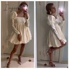 Ingvn - New Fashion Puff Sleeves Woman Party Dress Evening Chic Square Collar Ball Gown Dress Short Beige Satin Dresses Pleated Ladies