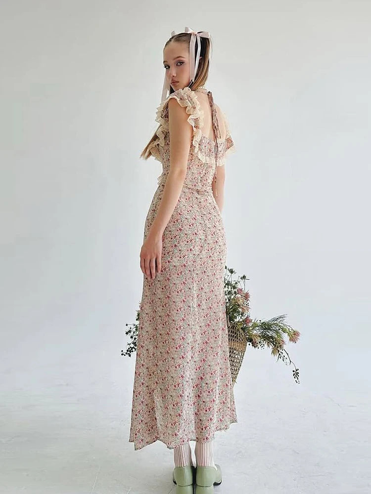 High Slits Colorful Maxi Dress Women Bandage Patchwork Lace Folds Irregular Low-Neck Sweet Skinny Temperament Vestidos