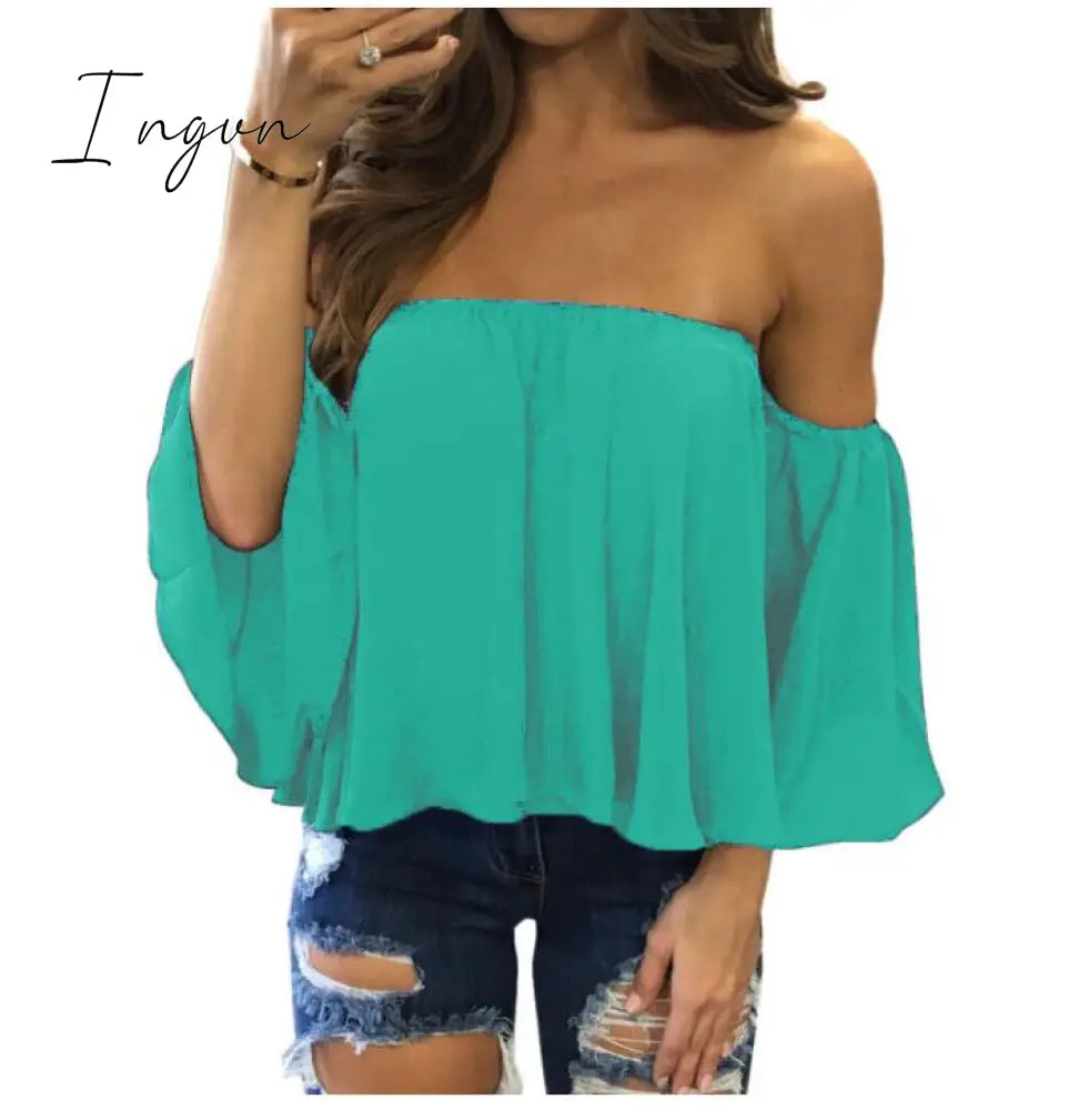 Ingvn - Summer T-shirt Women Fashion Sexy Chiffon Off Shoulder Shirts Strapless Short Sleeve Beach Tops Tee Feminine 5XL