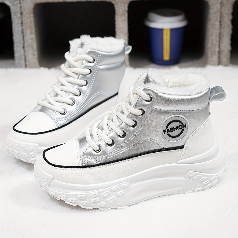 Cozy & Stylish Women's High-Top Sneakers - Plush Lined, Thick Sole, Warm Winter Booties with Lace-Up Closure