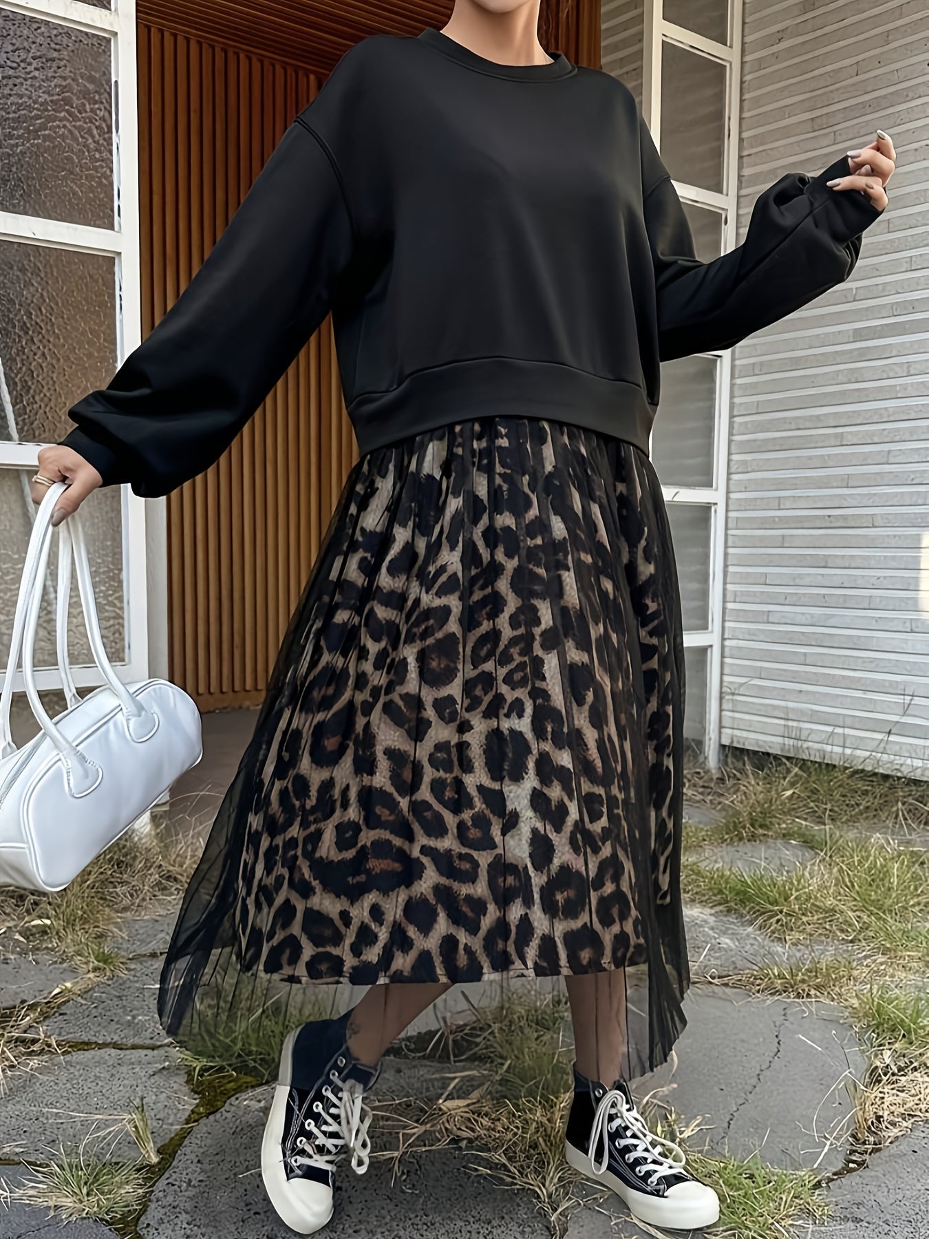 [Leopard Print Crew Neck Dress] Leopard Print Crew Neck Dress, Elegant Long Sleeve Mesh Stitching A-line Dress for Spring & Fall, Women's Clothing