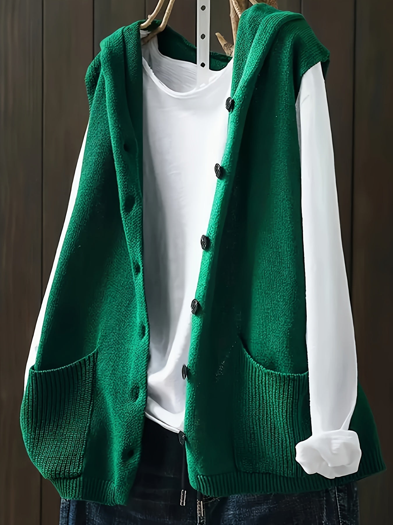 Women's Plus Size Solid Button Front Sleeveless Knitted Hooded Cardigan with Pockets, Casual Plus Size Clothing