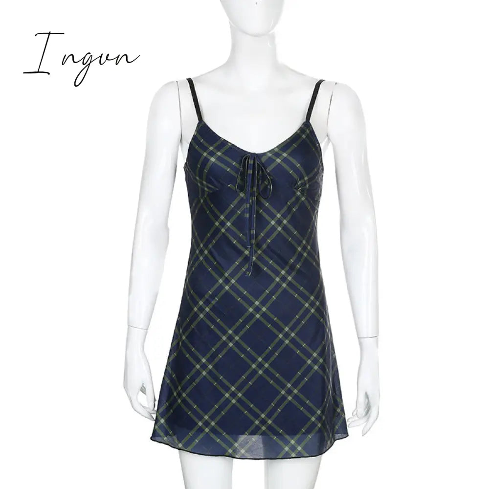 Ingvn - E-Girl 90s Spaghetti Strap Bandage Front Ruffles Plaid Dresses Vintage Mesh V-neck Backless A-line Mini Dress Partywear