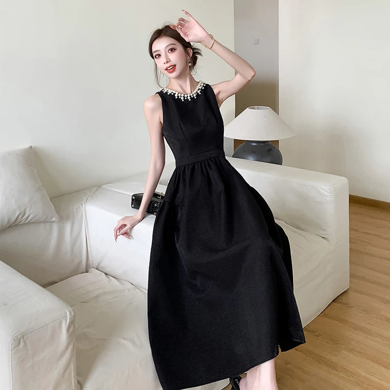 Elegant Black Midi Dress for Women Summer New Fashion Sleeveless A-line Pleated Solid Office Casual Korean Female Clothing