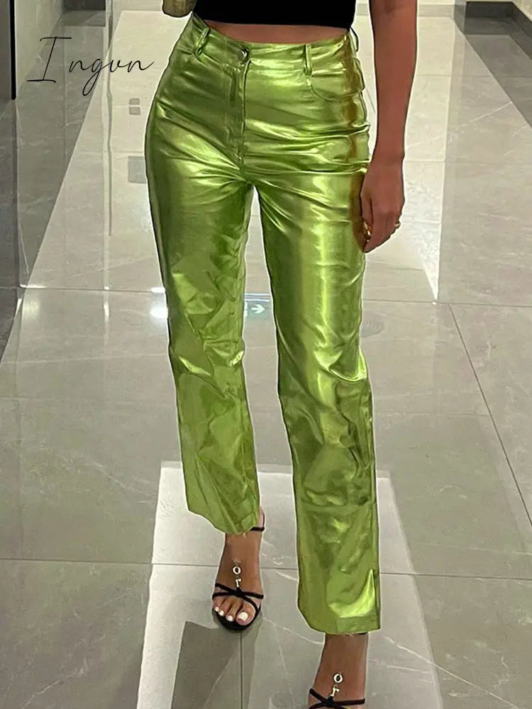 Ingvn - Women Metallic Straight-Leg PU Pants Sexy ZA Sparkling High Waist Trousers Streetwear Luxury Birthday Costumes 2023 Spring Fall
