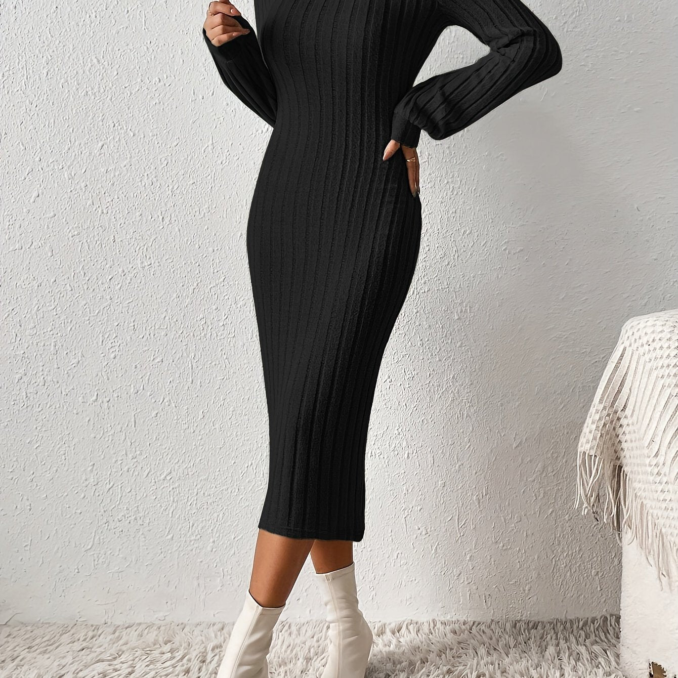 Elegant Long-Sleeve Turtleneck Bodycon Dress - Comfortable, Durable Knit for Chic Winter Style, Easy Maintenance