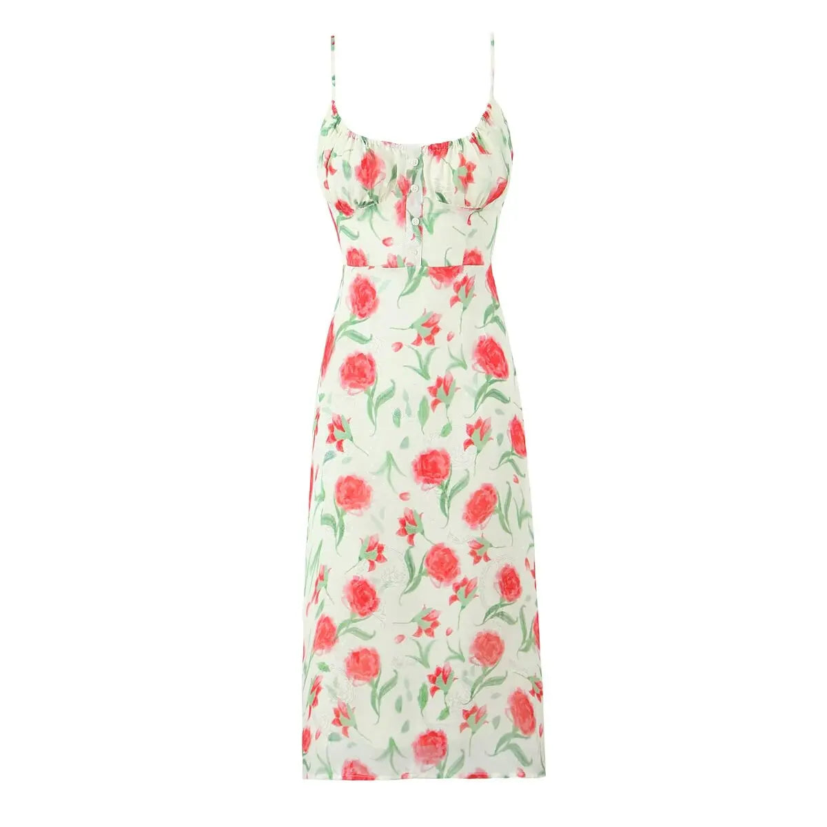 Sexy Elegant Women O Neck Thin Straps Floral Print Dress Vintage High Waist A-line Midi Holiday Summer Dresses Party Robe