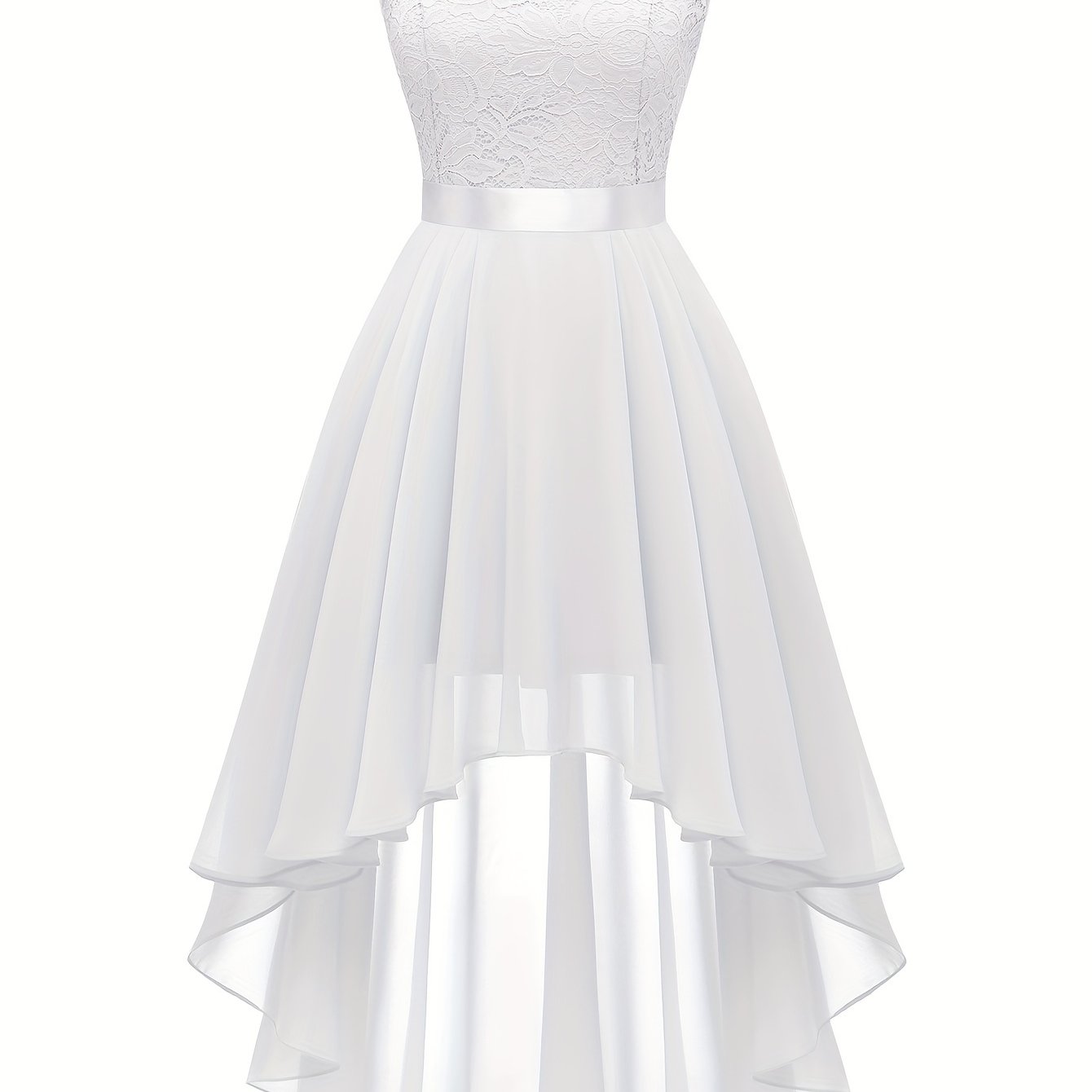 Contrast Lace Asymmetric Hem Wedding Dress, Elegant Solid Bow Waist Tank Dress For Party & Banquet, Homecoming Dress, Women's Clothing