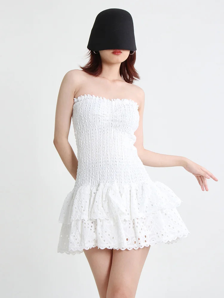 Cut Out Layered Hem Sexy Dress For Women Strapless Sleeveless Off Shoulder High Waist Mini Dresses Female Clothing