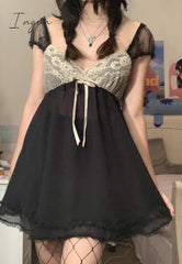 Ingvn - Summer Outfits Hot Sell Patchwork Lace Cute Y2K Chiffon Dresses Women Square Collar Elegant Grunge Fairycore Clothes Ruffles Short A Line Dress