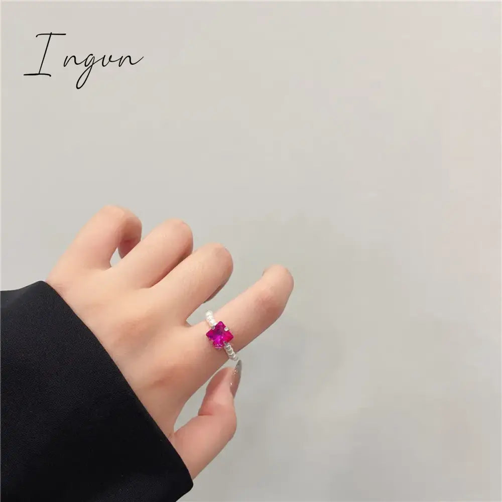 Kpop Romantic Coloful Crystal Pearl Elastic Rope Beaded Ring Smooth Irregular Geometric Square Oval Rings for Women Jewelry