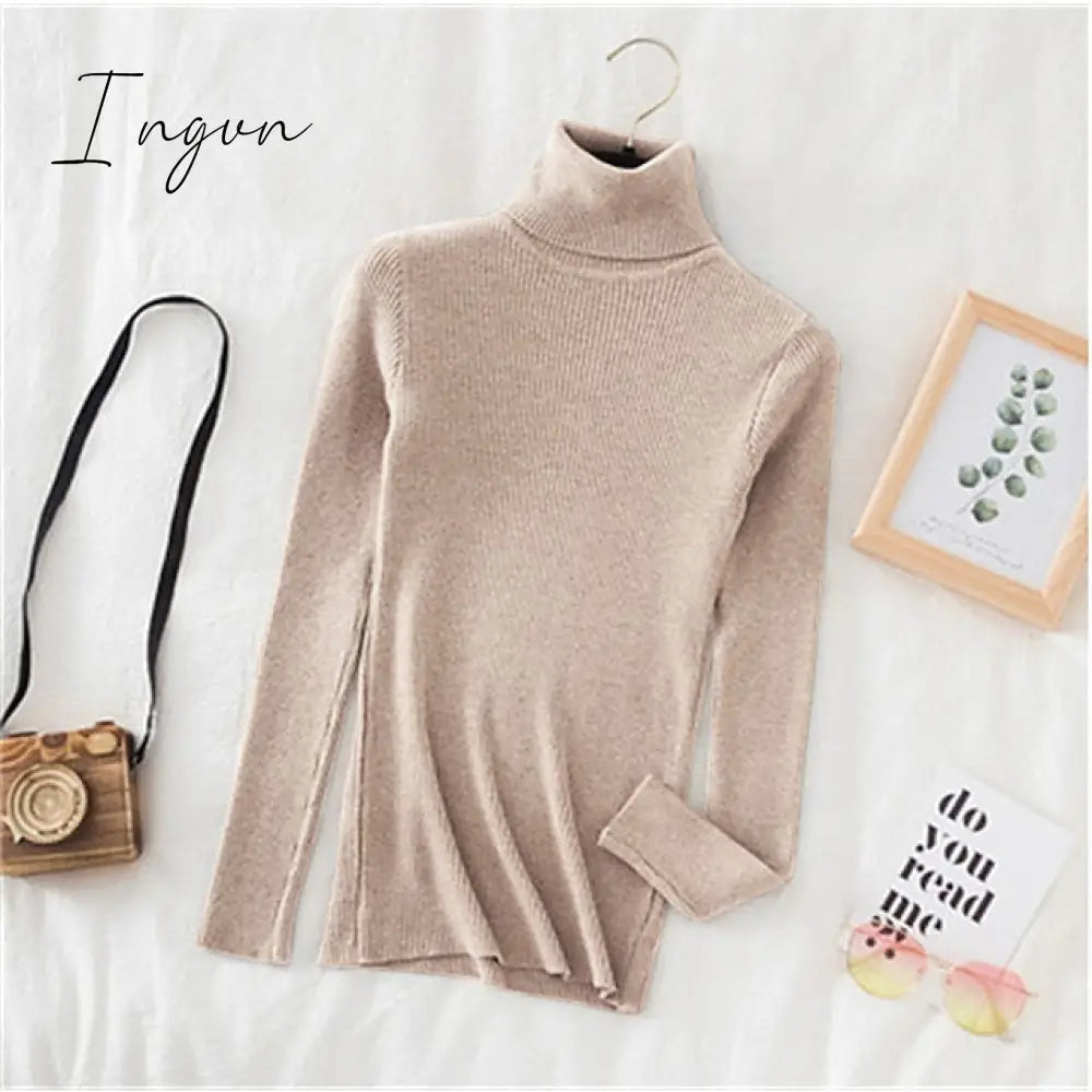 Ingvn - Women's Pullover Sweater Jumper Jumper Ribbed Knit Knitted Thin Solid Color Turtleneck Basic Casual Daily Winter Fall caramel Black One-Size