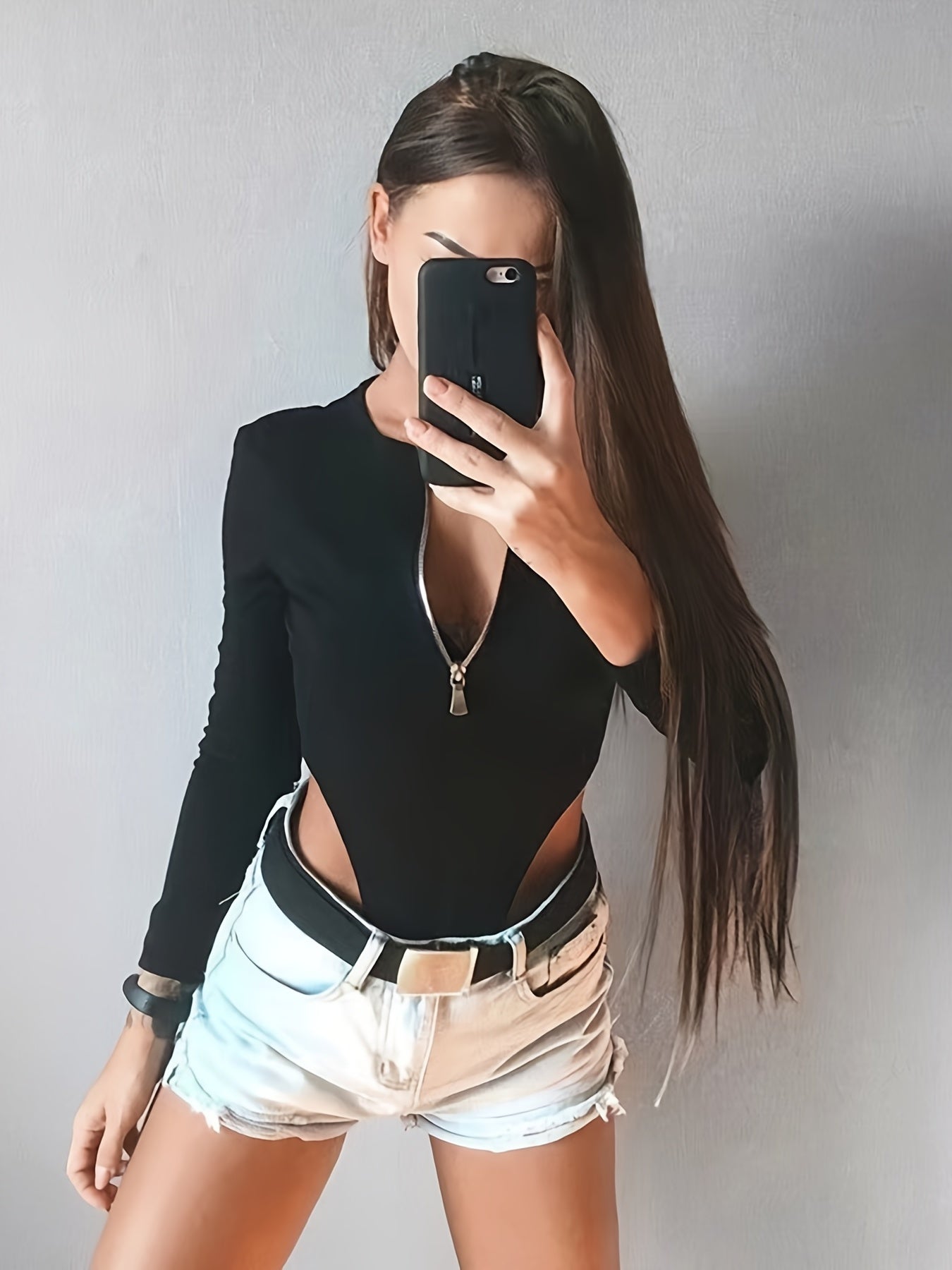 Long Sleeve Solid Round Neck Zipper Stretchy Bodysuit, Casual Exposed Waist Slim Autumn One Piece, Women's Clothing