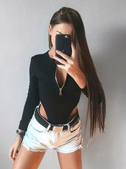 Long Sleeve Solid Round Neck Zipper Stretchy Bodysuit, Casual Exposed Waist Slim Autumn One Piece, Women's Clothing