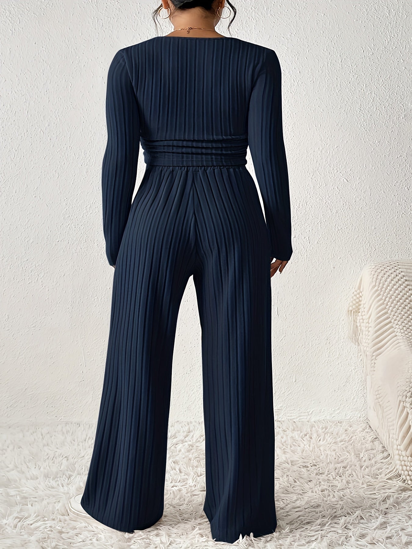 Casual Ribbed Solid Color Pants Set, Low Cut Neck Long Sleeve Crop Top & Elastic Waist Wide Leg Loose Pants, Women's Clothing