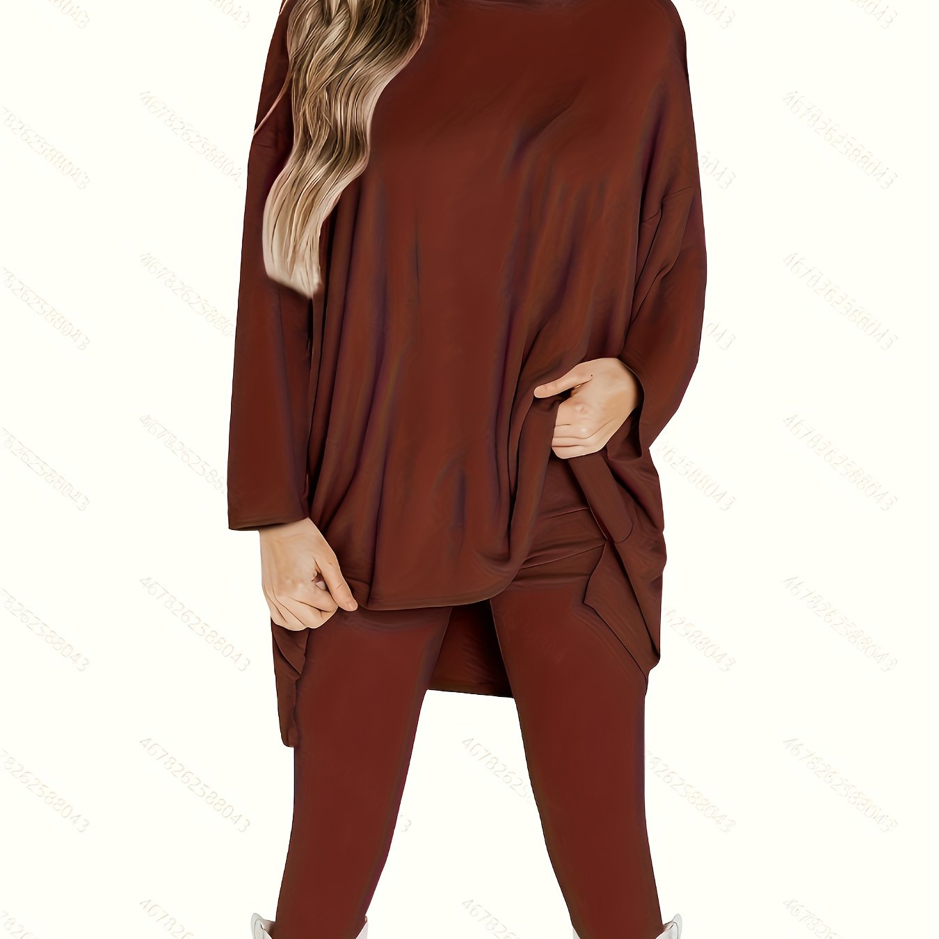 Plus Size Casual Outfits Set, Women's Plus Solid Long Sleeve Round Neck Oversized Top & Leggings Outfits Two Piece Set