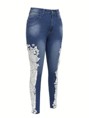 Vibrant Hollow Out Lace Contrast Jeans - Elegant, Skinny Fit, Stretchy Denim Pants with Fairy Core Design - Women's Fashionable Denim Clothing for Chic Style