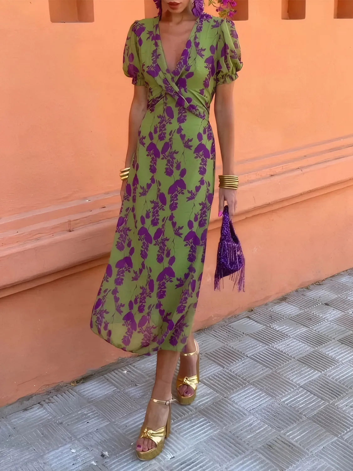 Printed Plunge Short Sleeve Midi Dress