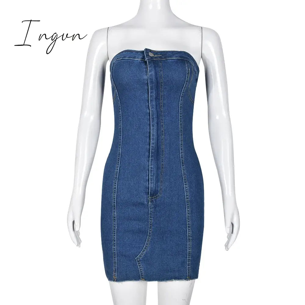 Ingvn - Blue Strapless Denim Mini Dress Women Sexy Off Shoulder Backless Y2K Sheath Tube Dresses Streetwear Club Party Outfits