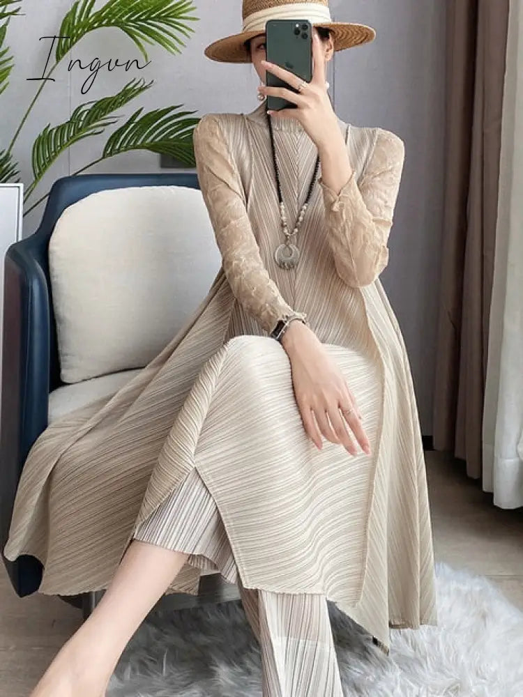 Ingvn - Sets Women Pleated Two Piece Set Fall 2023 Winter New Loose Casual Suit Lace Fashion Long Dress Top Pencil Pant Clothes