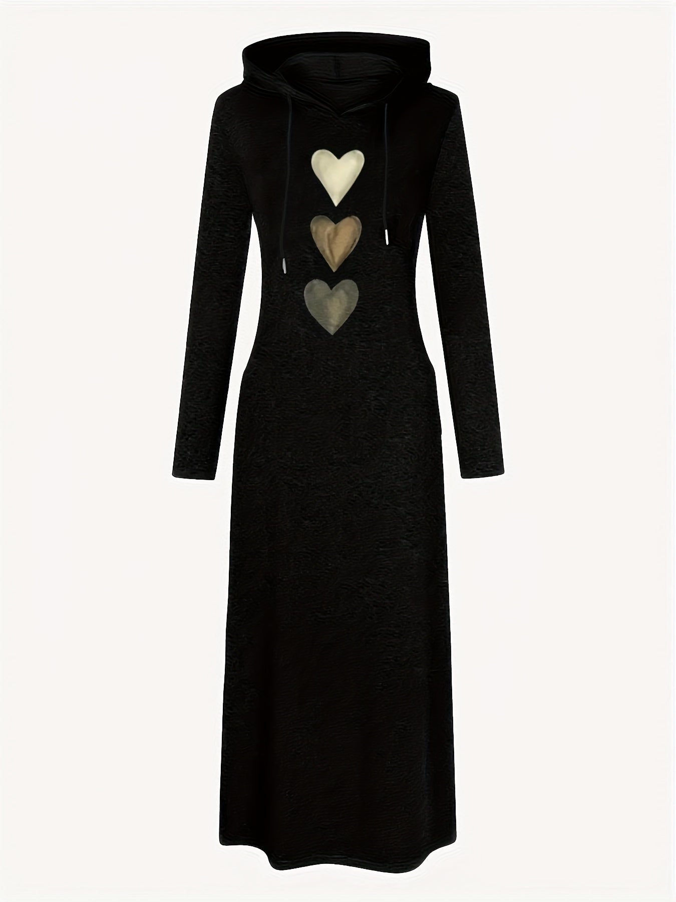 Chic Heart Print Drawstring Hooded Maxi Dress - Women's Casual Long Sleeve Fall & Winter Clothing - Soft, Cozy, and Versatile Fashion for Everyday Wear