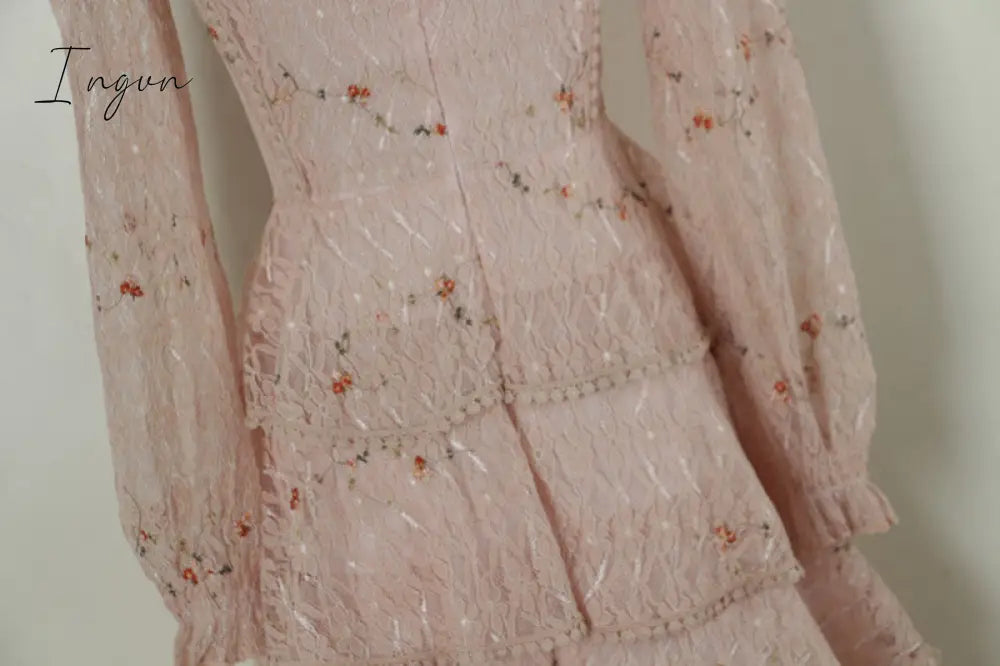 Ingvn - Pink Lace Embroidery Maxi Dress Female spring Winter Full sleeve high waist Ruffle elegant Long party dresses Woman