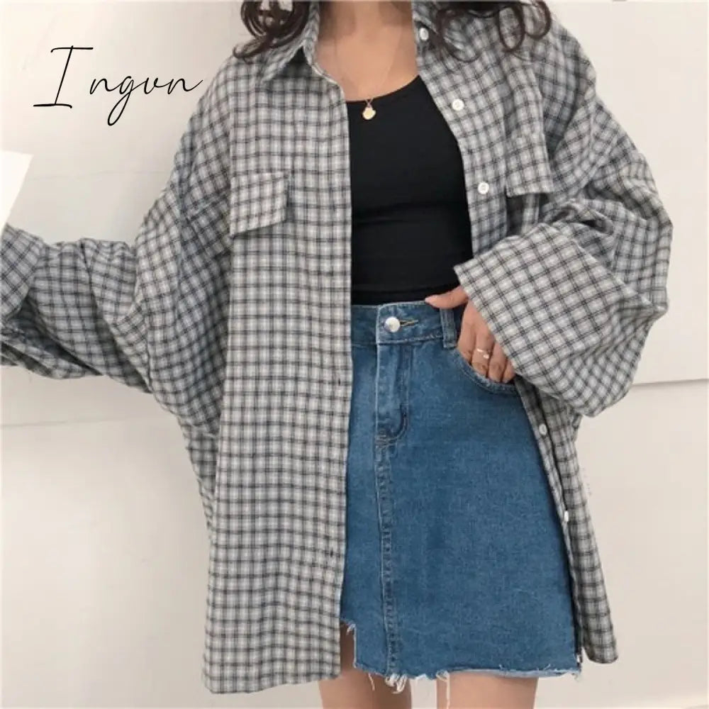 Ingvn - Single Breasted Loose Plaid Shirt