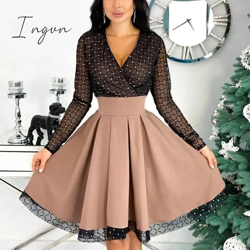 Ingvn - Spring Outfits Fashion Shiny Sequin Diamond Mesh Stitching Dress Women Spring Autumn Sheer Long Sleeve Belted Slim A Line Dresses