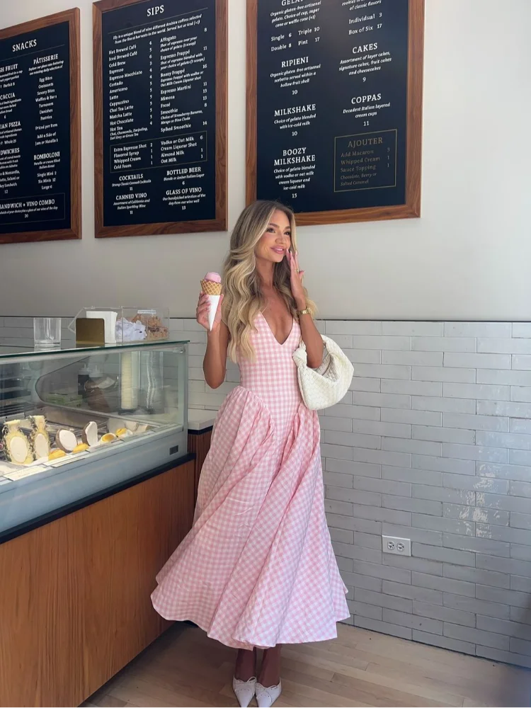 Plaid Print Halter V-neck Midi Dress Women Sexy Off Shoulder Sleeveless A-line Pleated Dress Lady Casual Vacation Vestidos