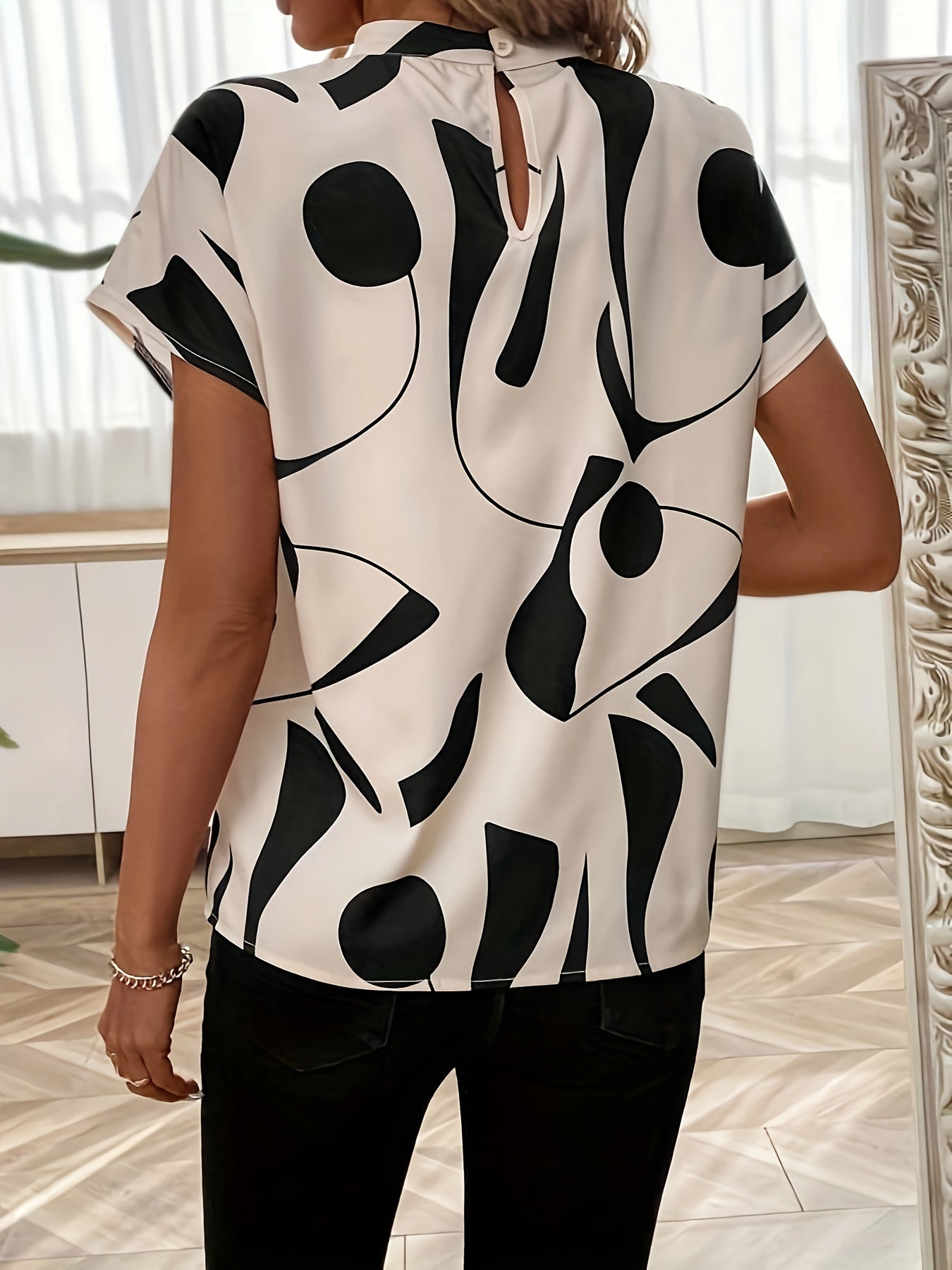 Abstract Print Mock Neck Blouse, Casual Short Sleeve Blouse For Spring & Summer, Women's Clothing